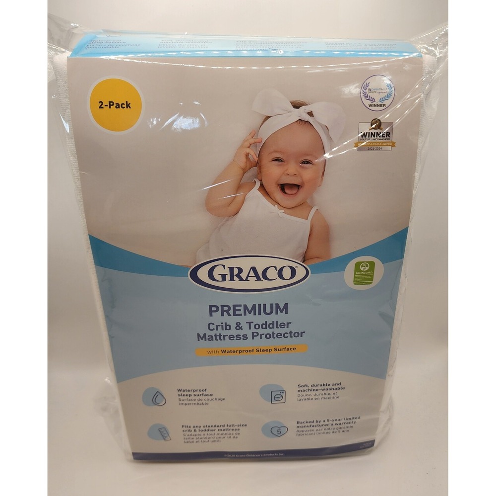 Graco Premium Crib & Toddler Mattress Protector 2-Pack Waterproof Quilted White